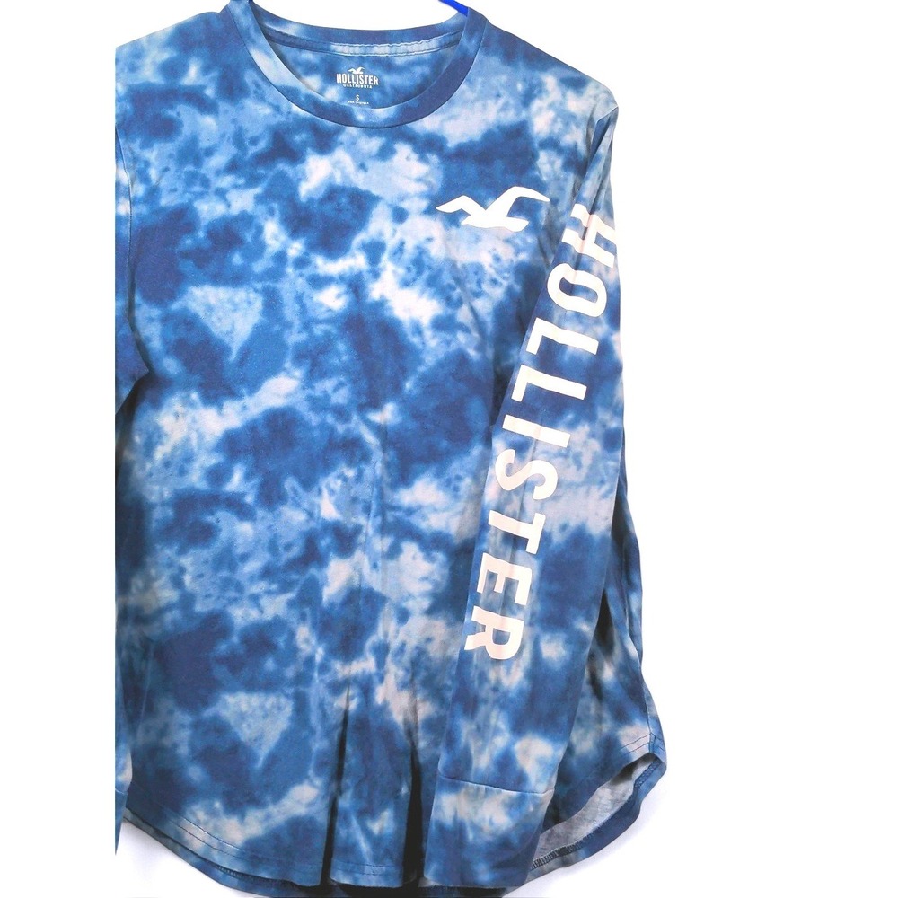 Hollister Mens S Long Sleeve Cotton Blue White Tie Dye Logo Graphic Streetwear - Picture 4 of 9
